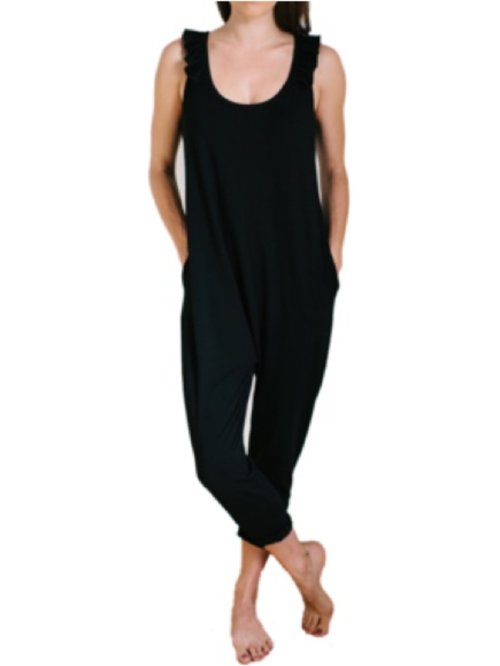 Smash + Tess Black Romper Jumpsuit XS Ruffle Strap Harem Lounge Made in Canada